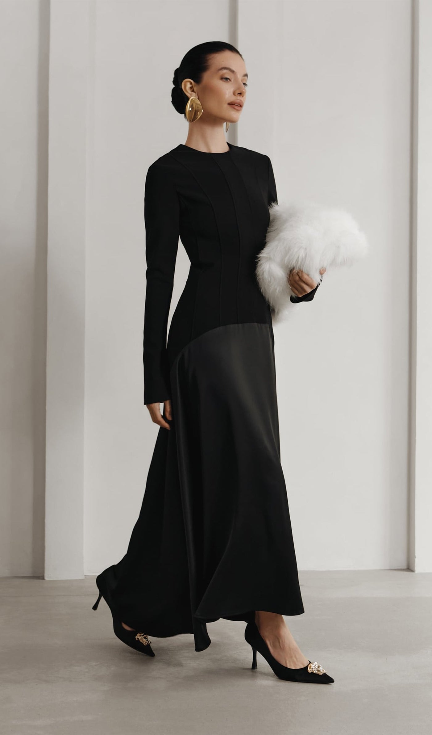 Elodie | Luxe Long Sleeve Satin-Panel Evening Dress