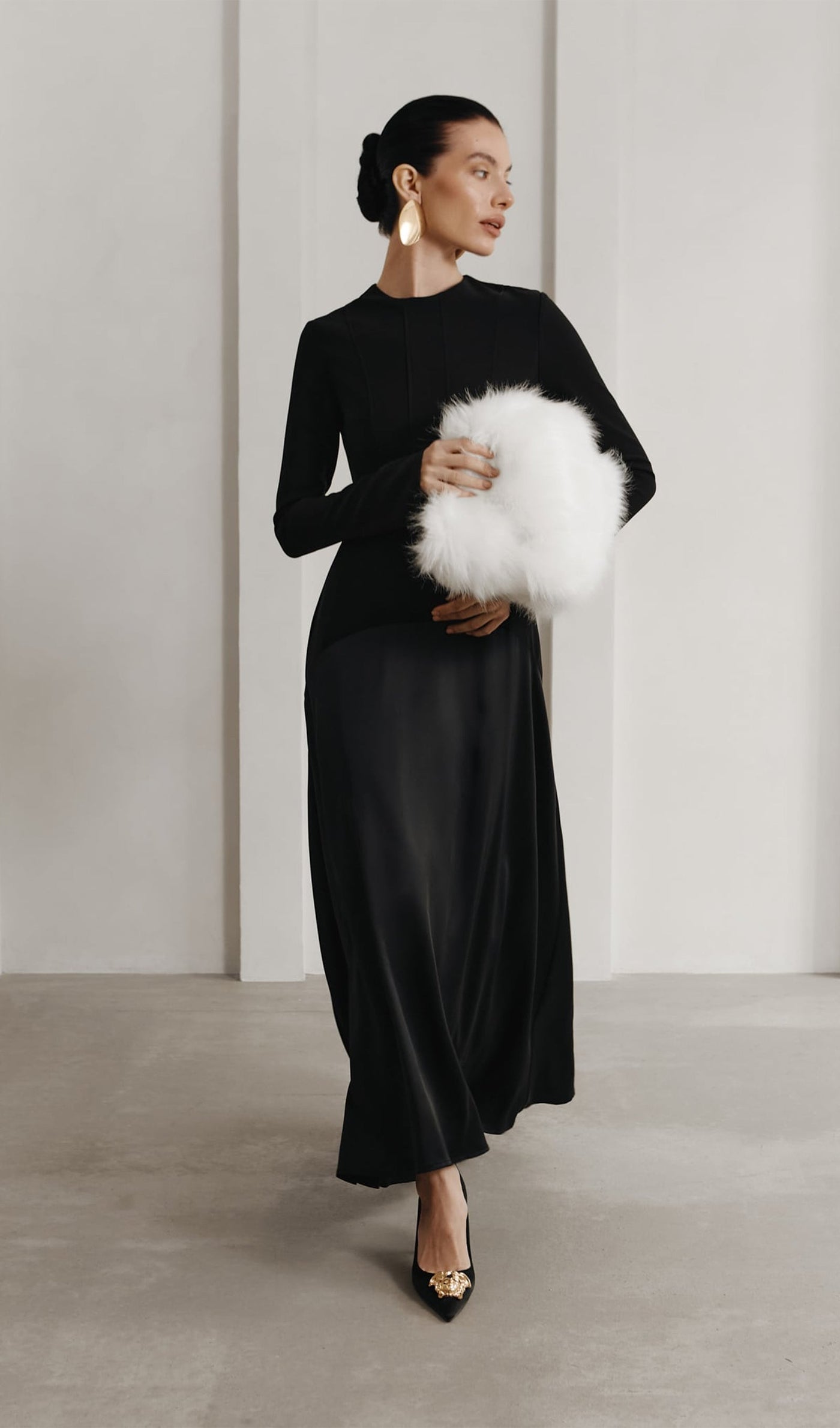 Elodie | Luxe Long Sleeve Satin-Panel Evening Dress