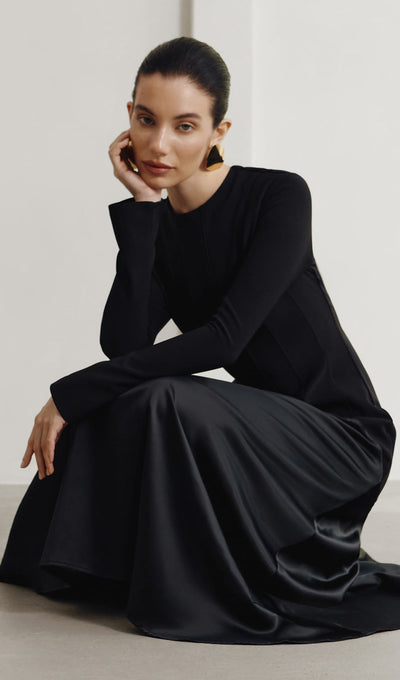 Elodie | Luxe Long Sleeve Satin-Panel Evening Dress