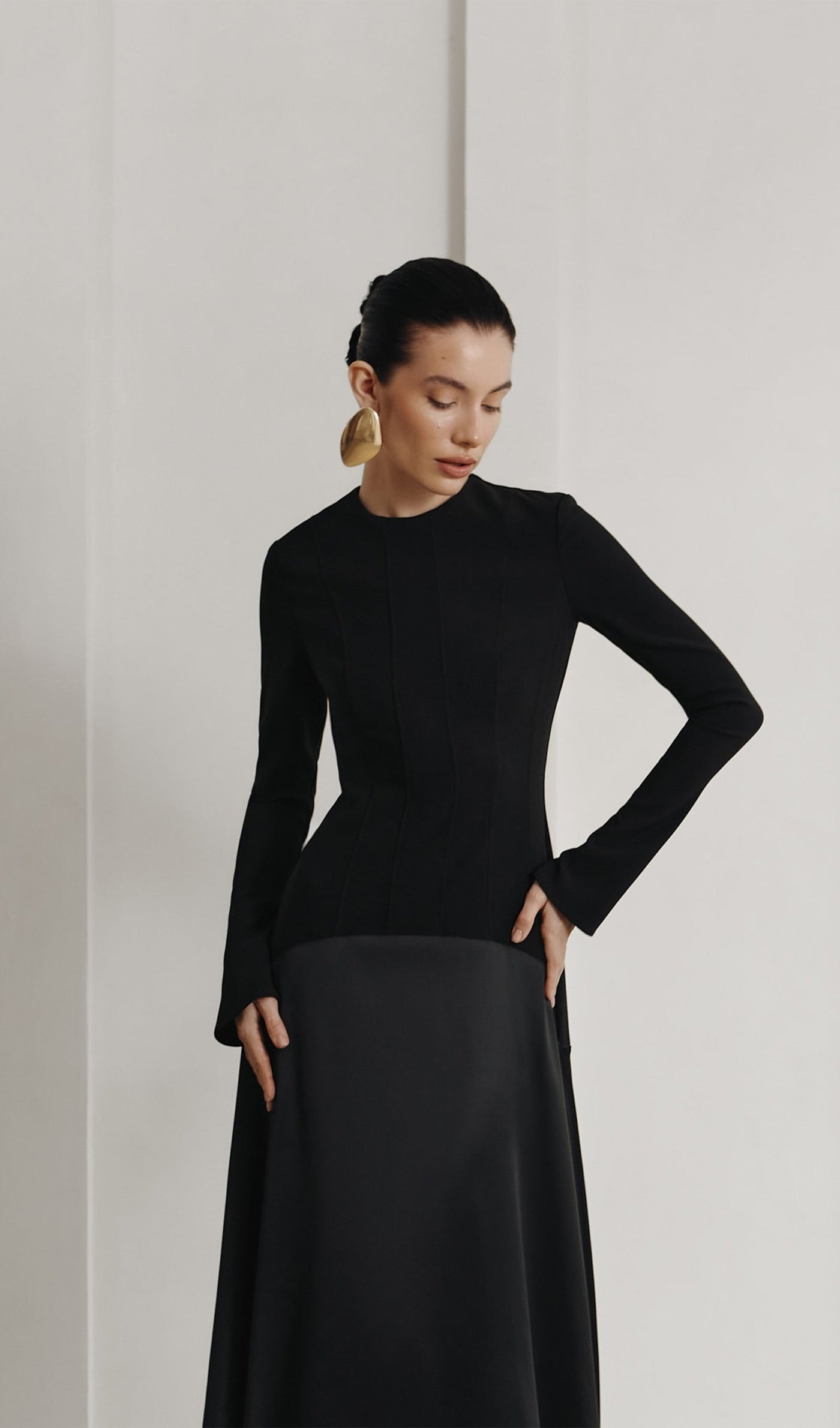 Elodie | Luxe Long Sleeve Satin-Panel Evening Dress