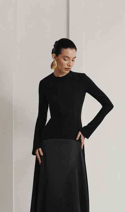 Elodie | Luxe Long Sleeve Satin-Panel Evening Dress