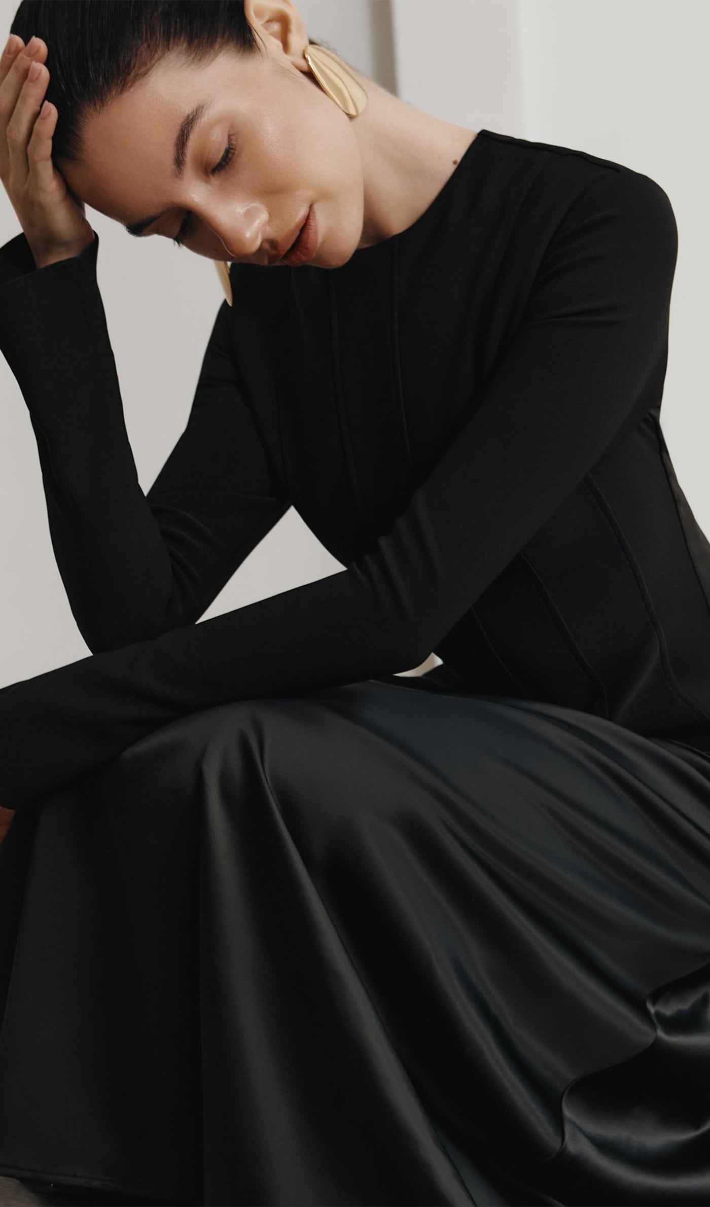 Elodie | Luxe Long Sleeve Satin-Panel Evening Dress