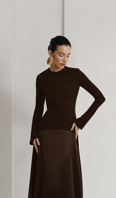 Elodie | Luxe Long Sleeve Satin-Panel Evening Dress