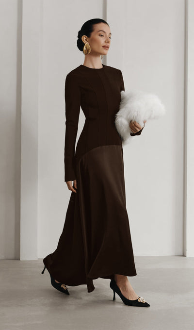 Elodie | Luxe Long Sleeve Satin-Panel Evening Dress