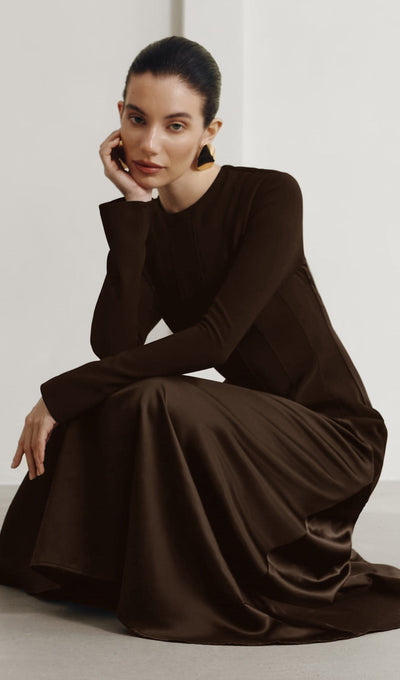 Elodie | Luxe Long Sleeve Satin-Panel Evening Dress