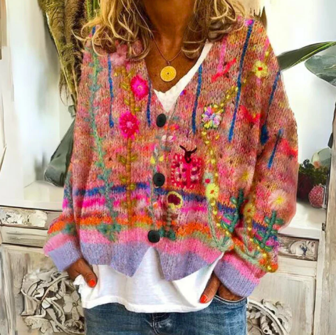 Amelia | Cozy Bohemian Floral Knit Cardigan