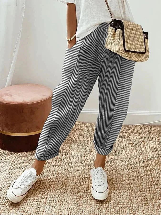 Maisie | Striped Cotton-Linen Tapered Pants