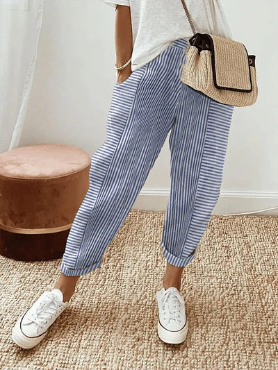 Maisie | Striped Cotton-Linen Tapered Pants