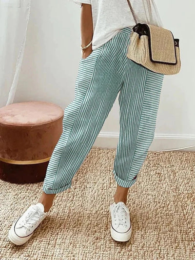 Maisie | Striped Cotton-Linen Tapered Pants
