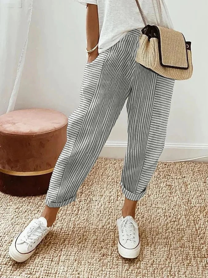 Maisie | Striped Cotton-Linen Tapered Pants