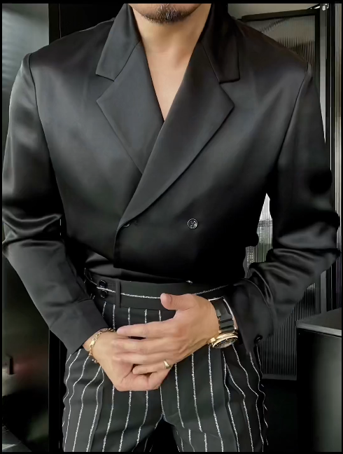 Lorenzo | Midnight Satin Double-Breasted Suit Jacket