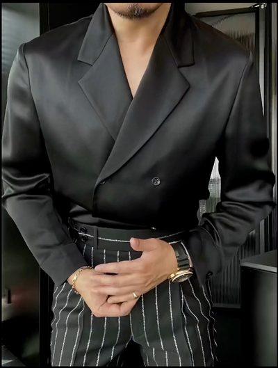 Lorenzo | Midnight Satin Double-Breasted Suit Jacket