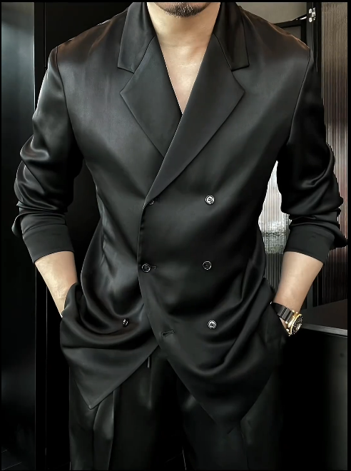 Lorenzo | Midnight Satin Double-Breasted Suit Jacket