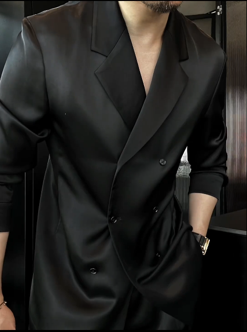 Lorenzo | Midnight Satin Double-Breasted Suit Jacket