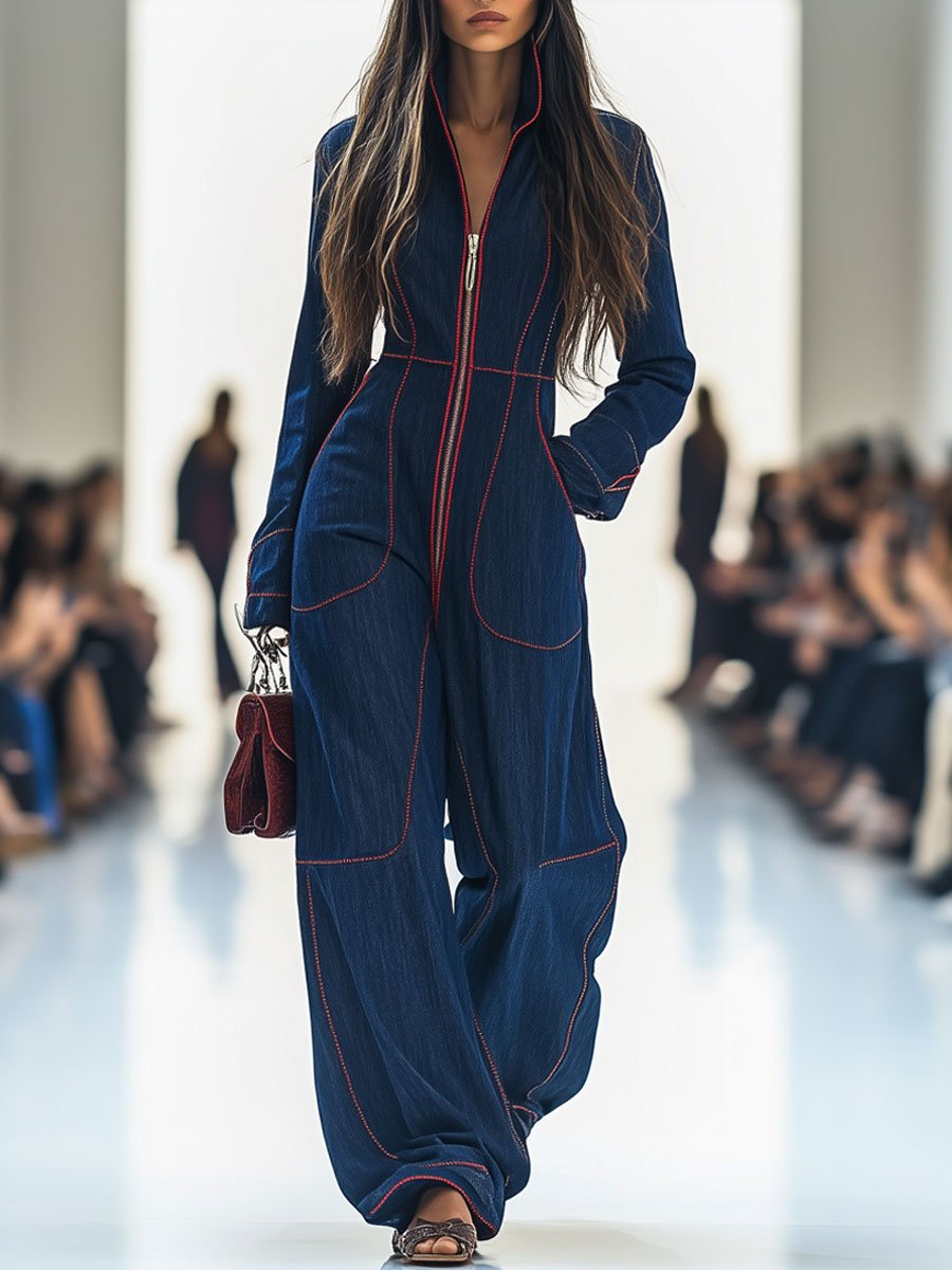 Talia | Tailored Zip-Up Denim Jumpsuit