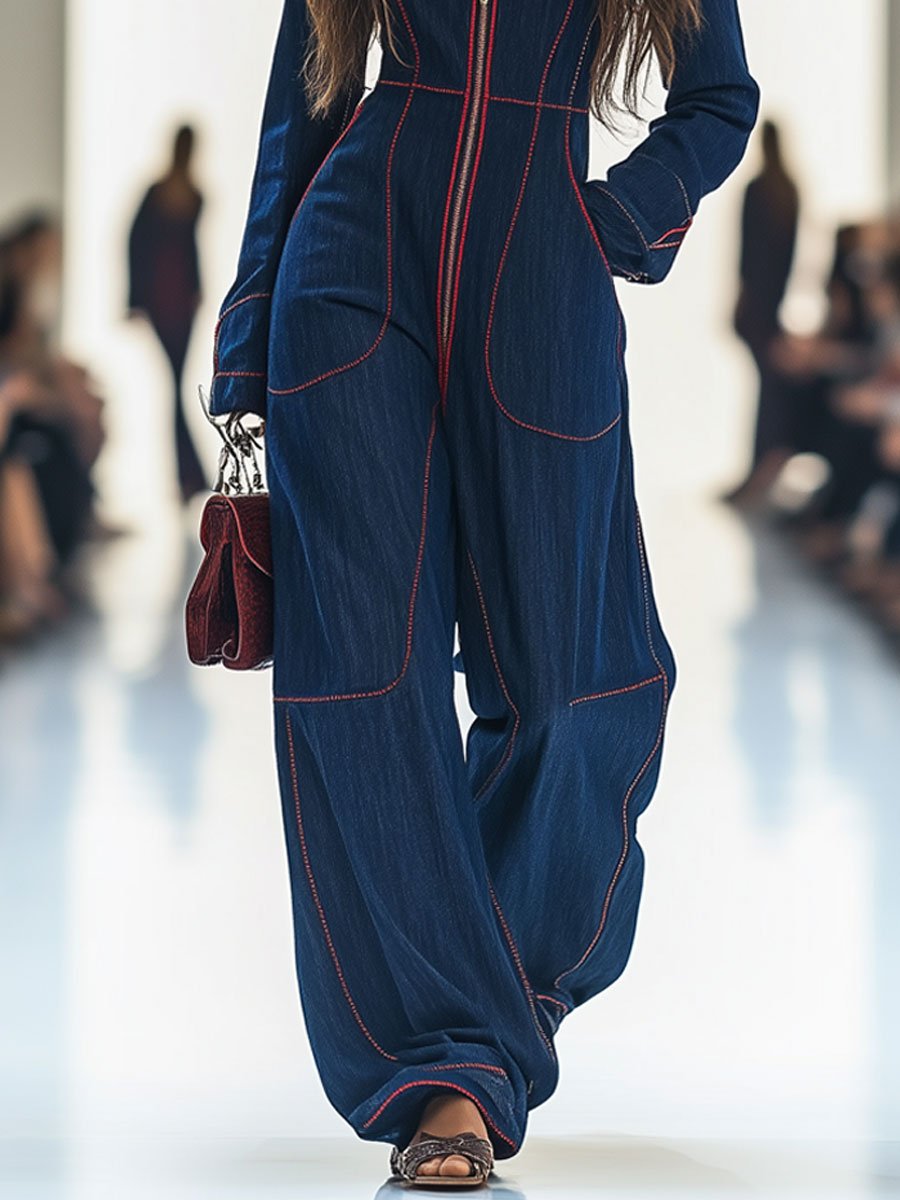 Talia | Tailored Zip-Up Denim Jumpsuit