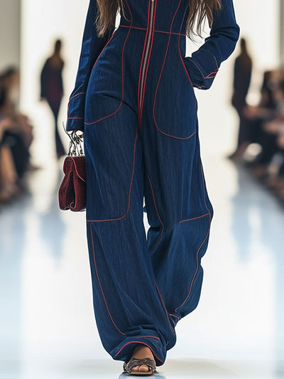Talia | Tailored Zip-Up Denim Jumpsuit