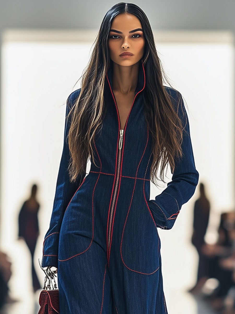 Talia | Tailored Zip-Up Denim Jumpsuit