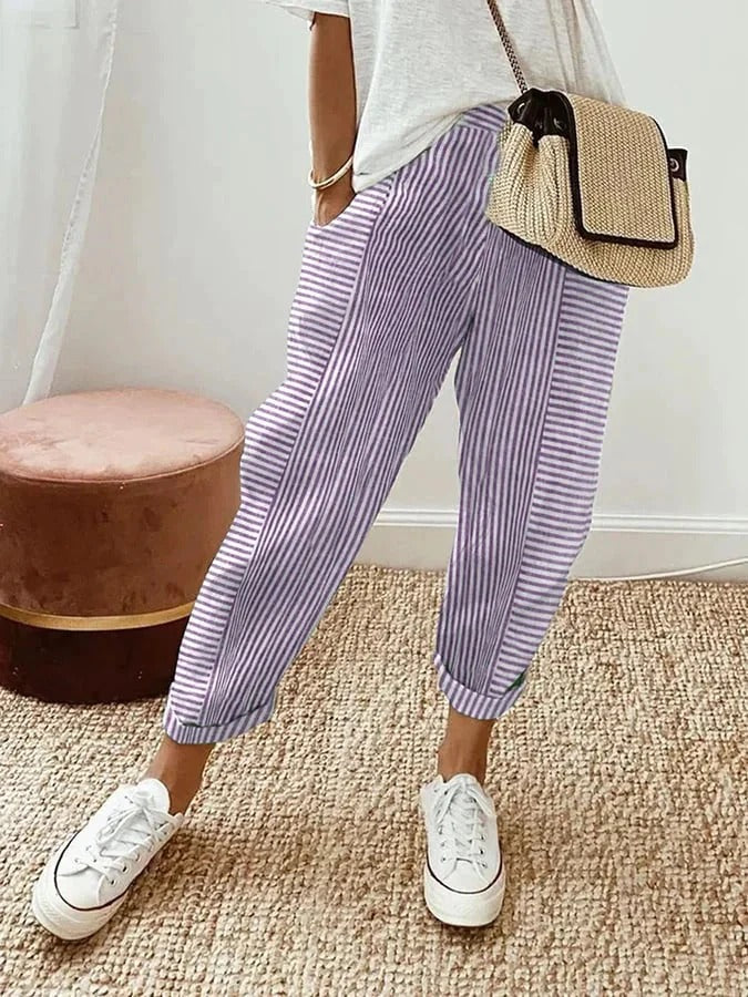 Maisie | Striped Cotton-Linen Tapered Pants