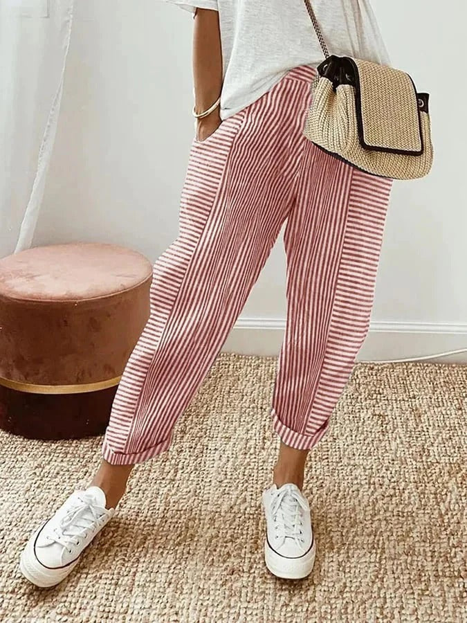 Maisie | Striped Cotton-Linen Tapered Pants